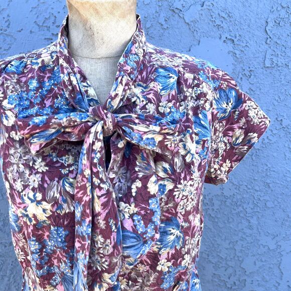 80s Floral Blouse Cottagecore in Womens Small Country Top with Bow - Picture 6 of 10